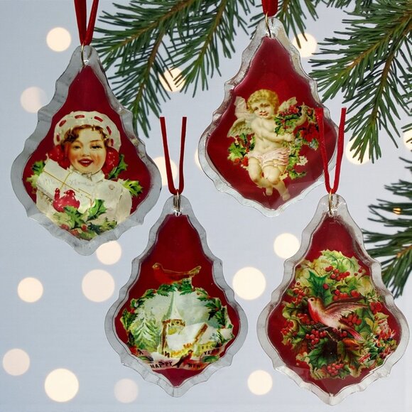 Two's Company Christmas Ornaments Set of 4 Glass Victorian Style Holiday - Picture 1 of 15